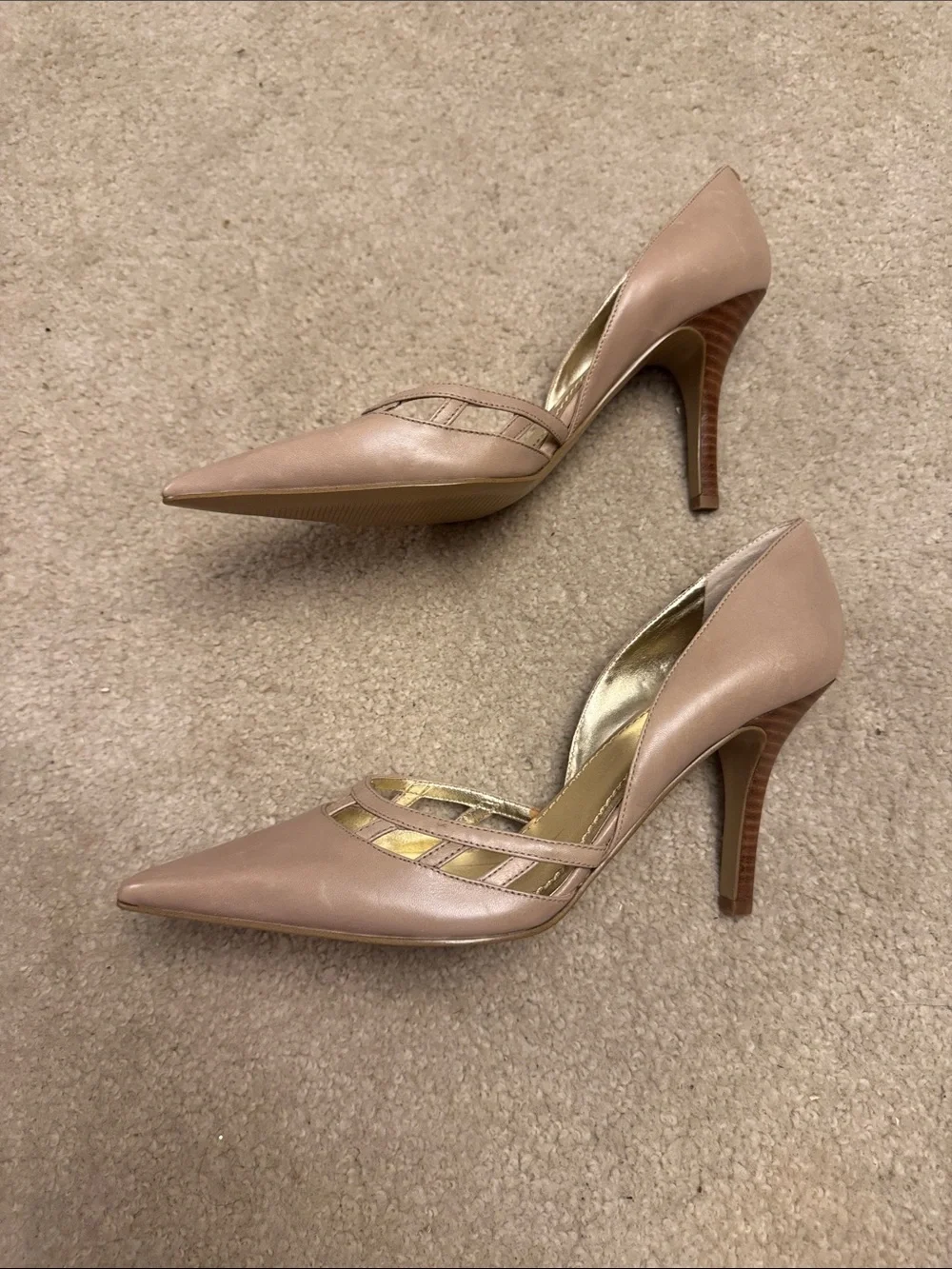 Nine West Dusty Taupe Pointed Toe Pumps with Gold Accents
